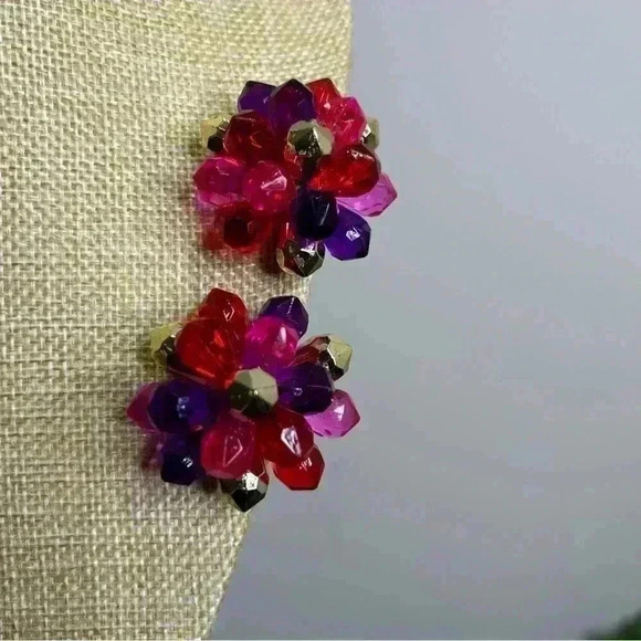 Vintage Statement Earrings Gold Tone  Pink Purple Clip On - Picture 6 of 6